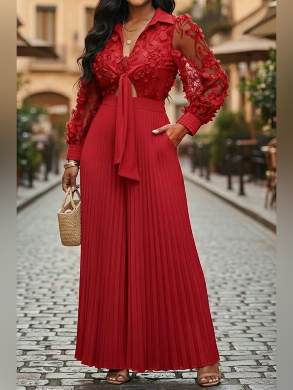 NWOT chicme Red Long-Sleeve 3D Floral & Pleated Maxi Jumpsuit